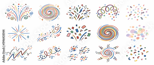Colorful crayon drawn doodle decorative confetti. Sketch burst with squiggles, dots, pencil drawn abstract twirls. Vector frame crackers, tinsel, confetti elements. Birthday or carnival motif.