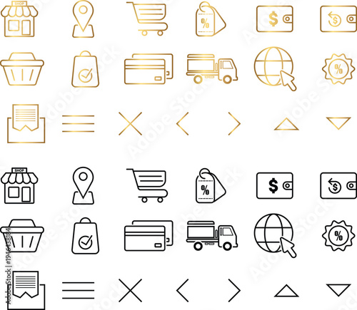 Collection of golden line icons representing shopping delivery, finance and ecommerce icon