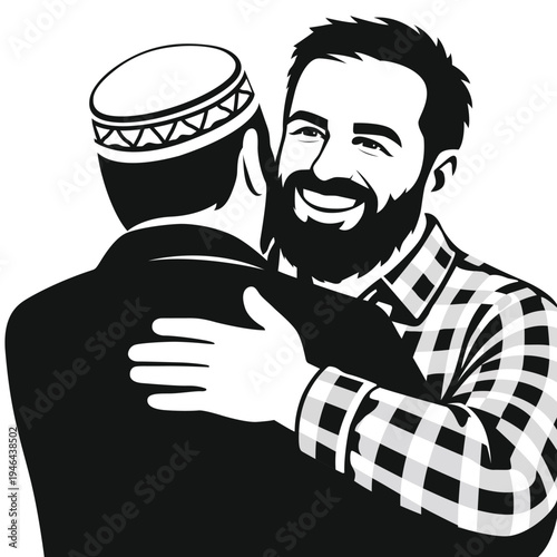Muslim Men Hugging in Greeting, Brotherhood and Friendship Concept Illustration, Eid Mubarak Greeting