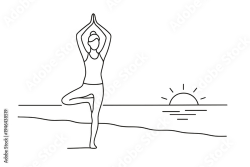 Yoga Tree Pose. "Morning Balance". Minimalistic one-line drawing yoga woman in tree pose on beach with rising