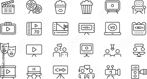 Collection of various movie and media player icons isolated on transparent background