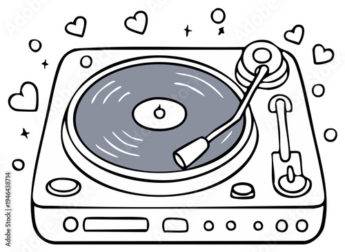 Retro vinyl record turntable and hearts illustration musical equipment audio love