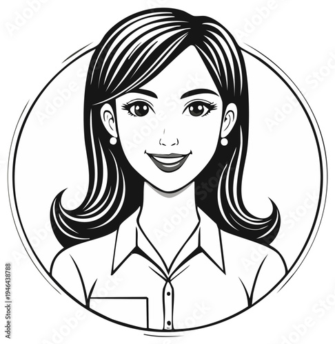 Elegant Woman Smiling Portrait Black and White Illustration in Circle Frame. Attractive Female with Professional Attire
