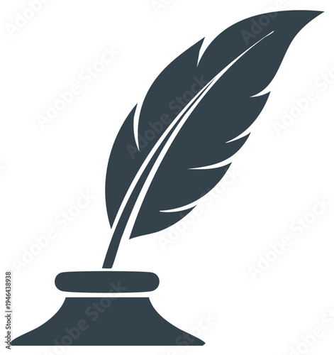 Dark blue quill pen in an inkwell symbol for writing and literature