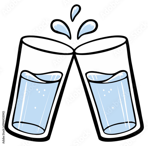 Two clear glasses filled with water clinking together with splashes above