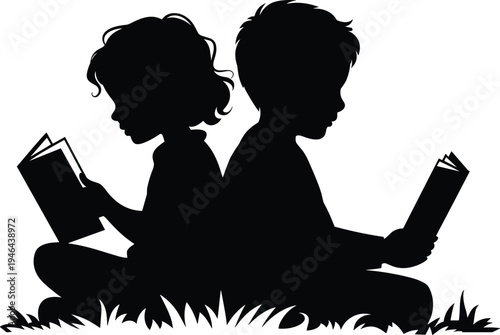 Children reading books silhouette illustration, boy and girl sitting back to back studying outdoors vector education learning concept