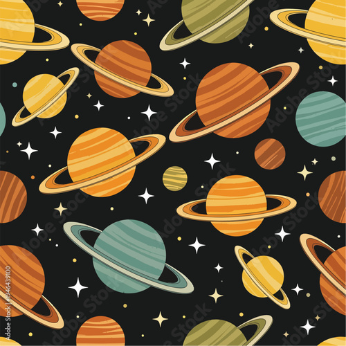 Illustrated seamless pattern of planets with rings and stars scattered on a black background., patern seamless, royalty stock.