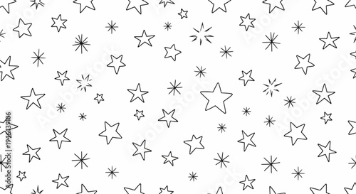 Hand-drawn black and white star pattern with various sizes and shapes scattered on white, patern seamless, Stock royalty image.
