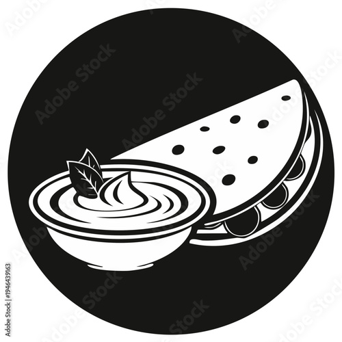 Stylized Flatbread With Creamy Dip And Fresh Herbs In Circle Graphic