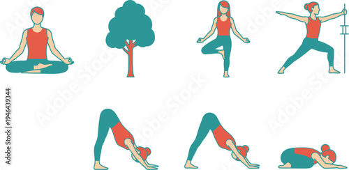 Collection of simplified flat style vector illustrations depicting various fundamental yoga poses and associated nature elements