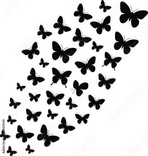 Butterfly silhouettes swarm vector illustration, flying butterflies collection isolated, black insect shapes nature wildlife decorative design element set