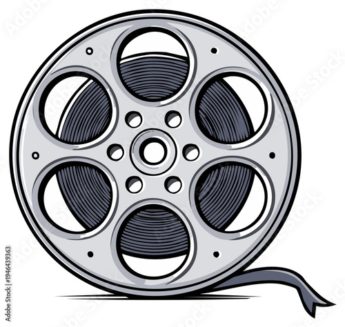 Vintage film reel with gray metal spokes and dark film strip unwinding