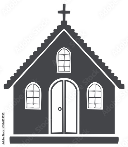 Stylized Christian church illustration featuring arched windows, a cross on top, and a minimalist building design