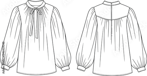 blouse, fashion, clothing, women, elegant, long, sleeve, apparel, garment, outline, vector, illustration, design, template, front, back, sewing, pattern, sketch, isolated