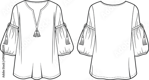 blouse, fashion, clothing, women, boho, bohemian, apparel, garment, outline, vector, illustration, design, template, front, back, sewing, pattern, sketch, isolated, style