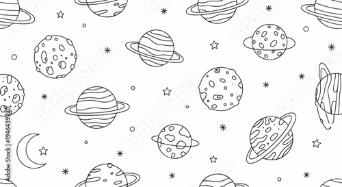 A delightful black and white space themed seamless pattern with planets, stars, and moons, patern seamless, Stock royalty image.