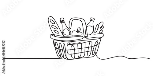 Continuous line art drawing of Grocery food basket, fruits and bread in the paper bag. Grocery food basket single line art. Hand drawn one line vector. 