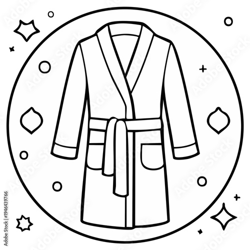 Line art illustration of a fluffy robe with a circle border and decorative stars on a white background