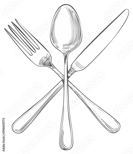 Classic dining cutlery fork spoon knife crossing illustration vintage restaurant kitchen design element