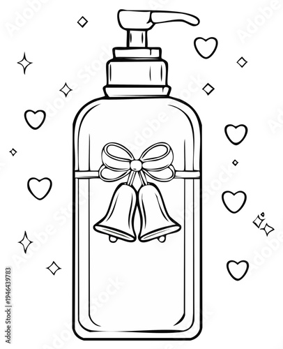Liquid soap dispenser with wedding bells and heart decorations illustration