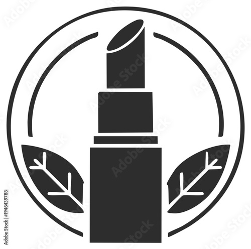 Natural organic lipstick cosmetic icon with leaves. Vegan beauty product symbol.