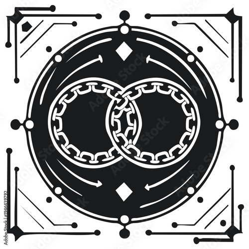 Monochrome Interlocked Chain Rings Decorative Circular Design with Art Deco Elements