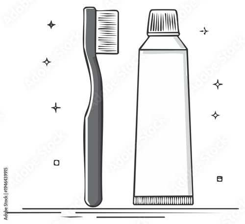 Hand drawn illustration of a toothbrush and toothpaste tube, symbolizing dental hygiene and clean teeth.