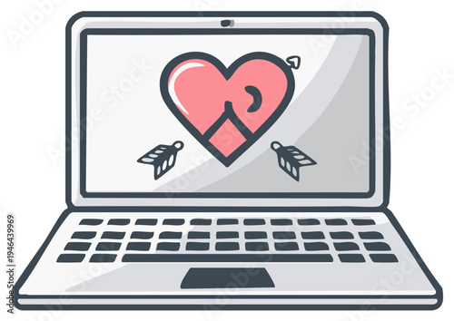 Open laptop displaying a heart pierced by an arrow symbol for love, affection, or digital romance concept