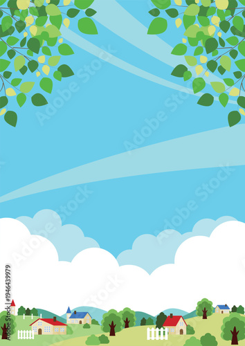 初夏の牧場背景イラスト、縦、かわいい、シンプル