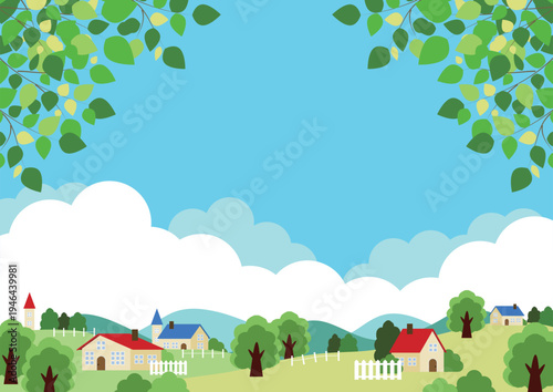 初夏の牧場背景イラスト、横、かわいい、シンプル