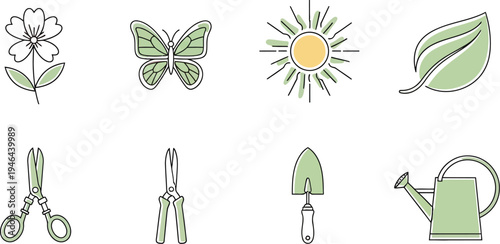 Collection of charming hand drawn icons representing spring garden elements including tools nature and weather symbols