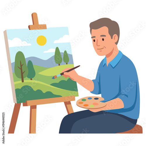 Man sitting and painting landscape on easel with brush and palette