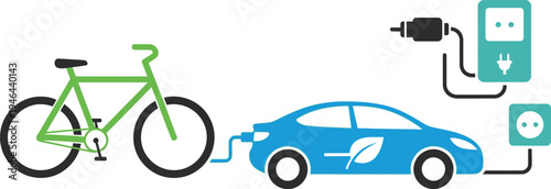 Illustration contrasting electric vehicle charging needs with a traditional bicycle emphasizing sustainable transportation choices