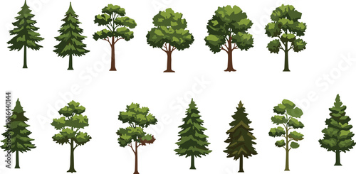 Collection of green trees illustration, cartoon forest elements, nature design, ecology concept, landscape decoration, cad drawing flat vector illustration