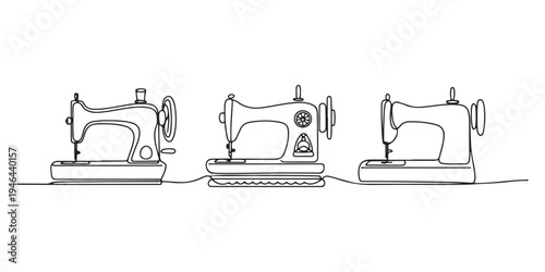 Sewing machine in continuous line art drawing style. Abstract old style sewing-machine for atelier or tailor sign design. Minimalist black linear sketch Vector Template Illustration