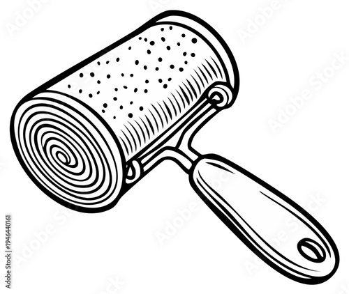 Lint roller drawing Illustration showing spiral texture on roll and textured dots on device with handle.