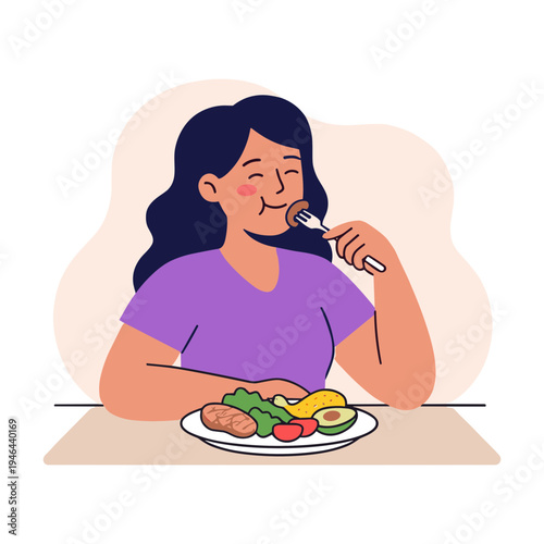 Woman eating healthy food with fork sitting at table indoors smiling