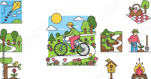 Person in a hat enjoying a leisurely bicycle ride along a winding path in a vibrant park with blooming flowers and green trees.