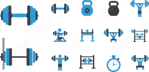 Collection of flat design icons representing various weightlifting exercises equipment and fitness tracking concepts clearly displayed.