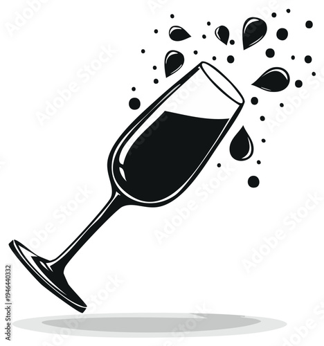 Dynamic black and white vector illustration of a tilted champagne glass spilling liquid drops