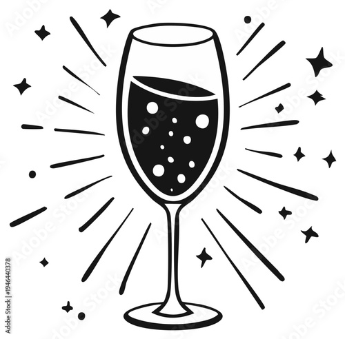 Sparkling Wine Glass Celebration Doodle Art with Stars and Rays