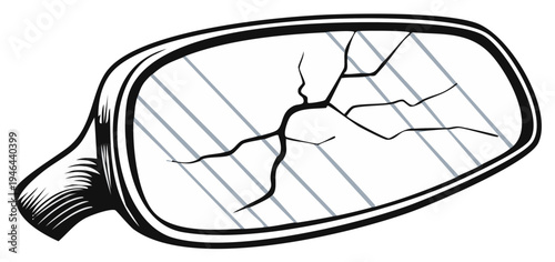 Broken Vehicle Side Mirror with Cracks Illustration, Rearview Damage Concept