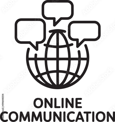 Global communication network represented by a stylized globe with speech bubbles and the text online communication