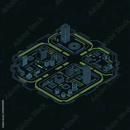 Isometric circuit board city with blue and green lines