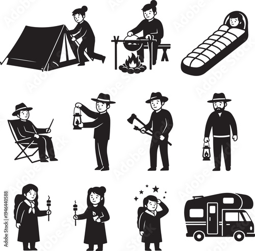 Set of 10 camping icons vector, black and white illustrations