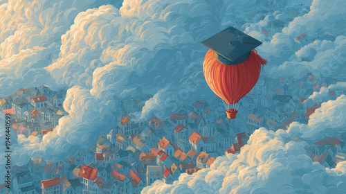 Imaginative Graduation Cap Flying in a Hot Air Balloon Over a Cityscape
