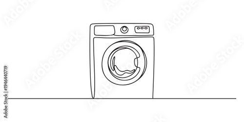 One single line drawing of front door washing machine. Single line drawing of household appliance. Editable stroke contour of washing machine. Doodle hand drawn vector Poster template