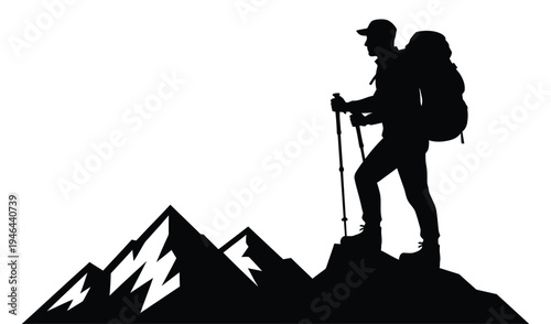 A silhouette of a hiker standing on a mountain peak with a backpack