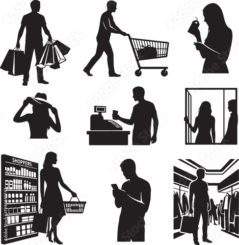 Set of 9 shopping icons vector, black silhouettes