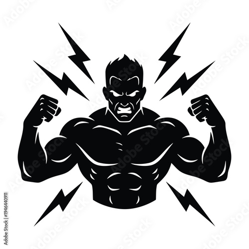 A muscular cartoon character flexing his arms with lightning bolts around him